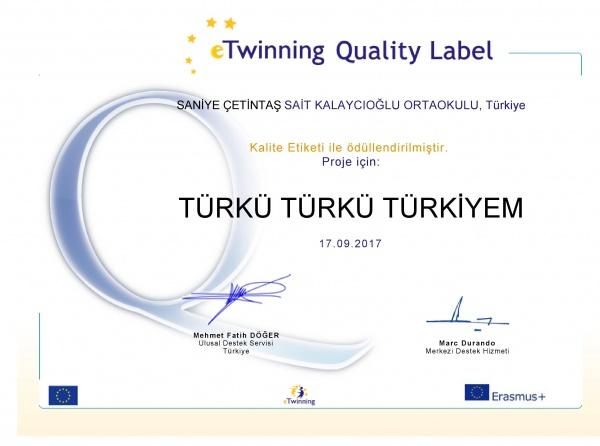 E-twinning Projemiz Kalite Etiketine Layık Görüldü